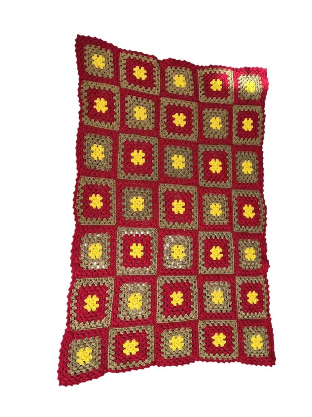 Handmade Granny Square Blanket Crochet Red Yellow Brown 55" X 37" Fall